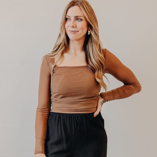 Blu Pepper | Ruched Waist Square Neck Top | Brown