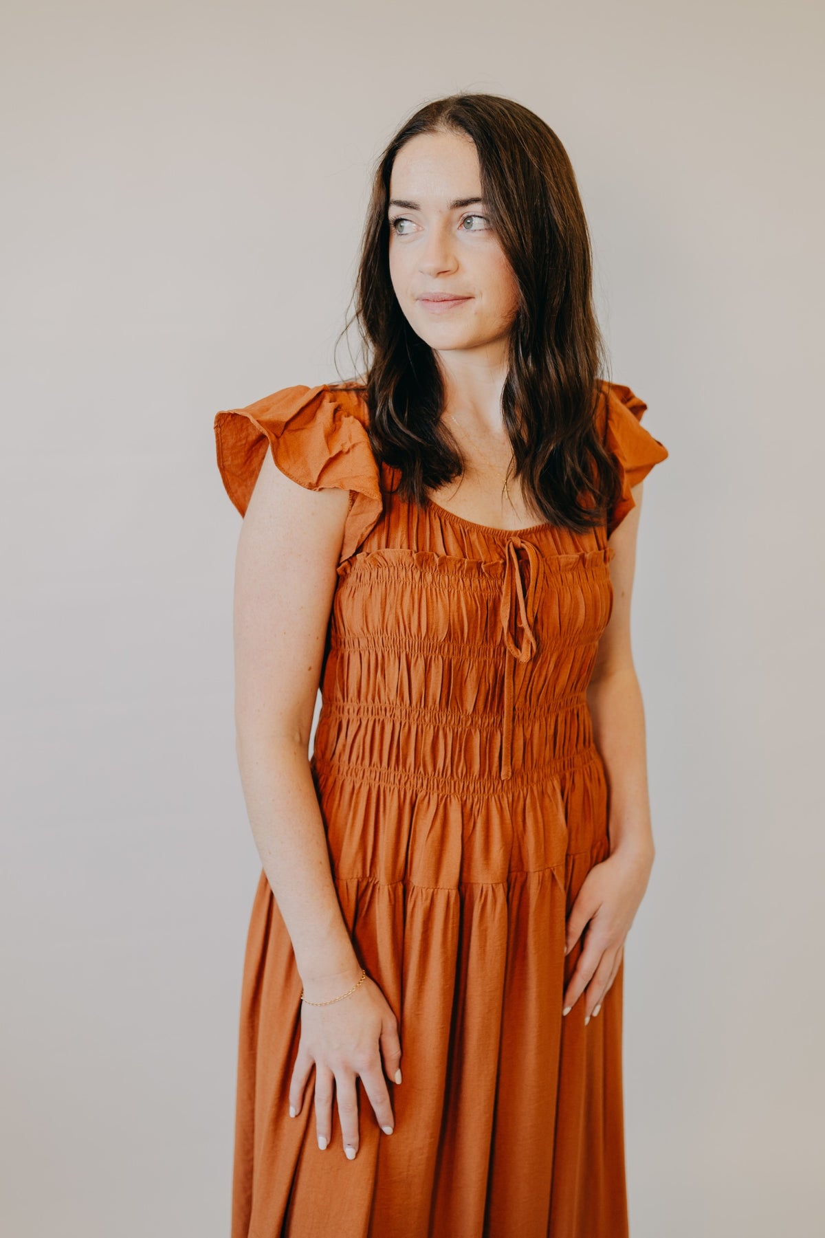Blu Pepper | Shirred Bodice Ruffle Sleeve Midi Dress | Rust