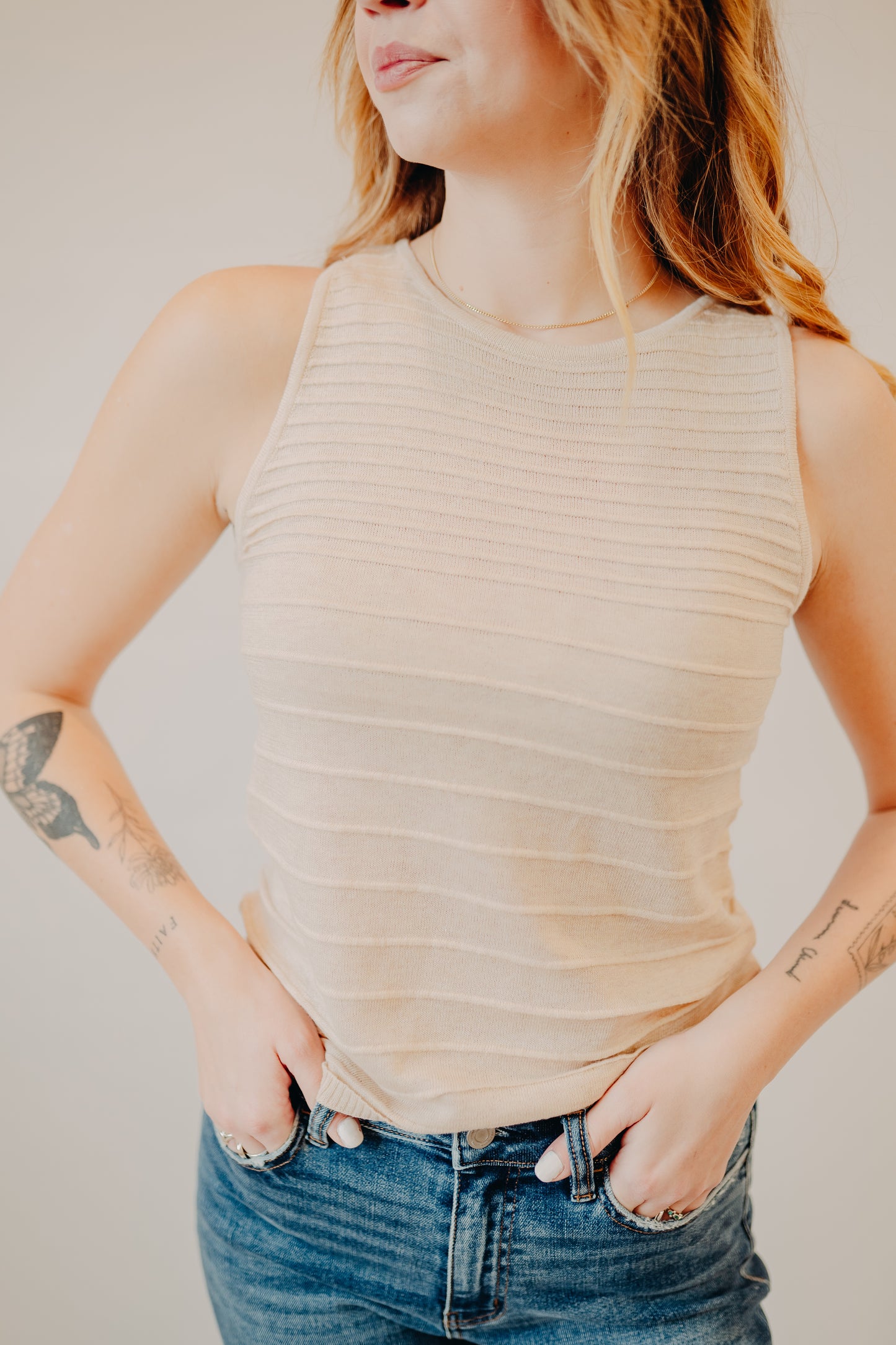 Staccato | Pintuck Striped Sweater | Almond