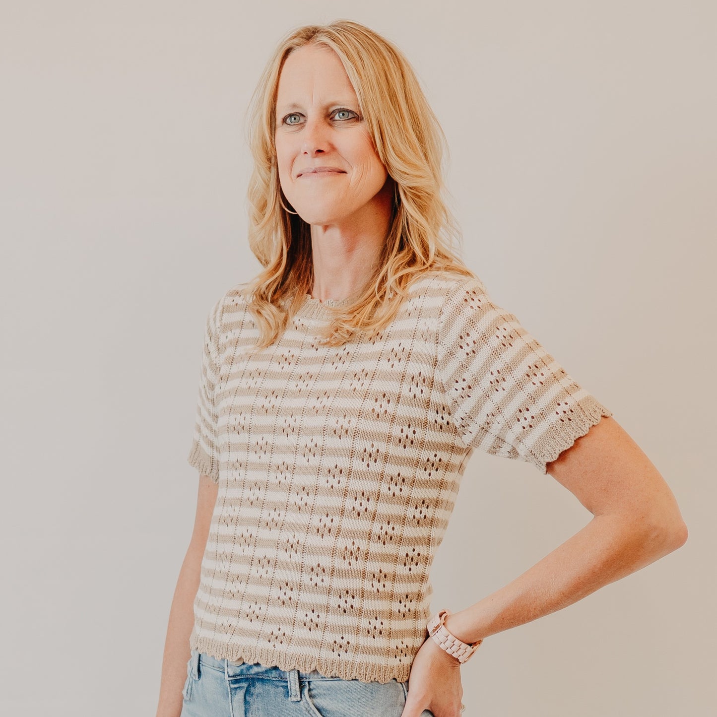 Doe & Rae | Scallop Edge Striped Top | Beige Ivory