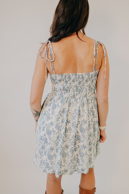 Doe & Rae | Pleated Torso Fit Flare Mini Dress | Ivory Denim