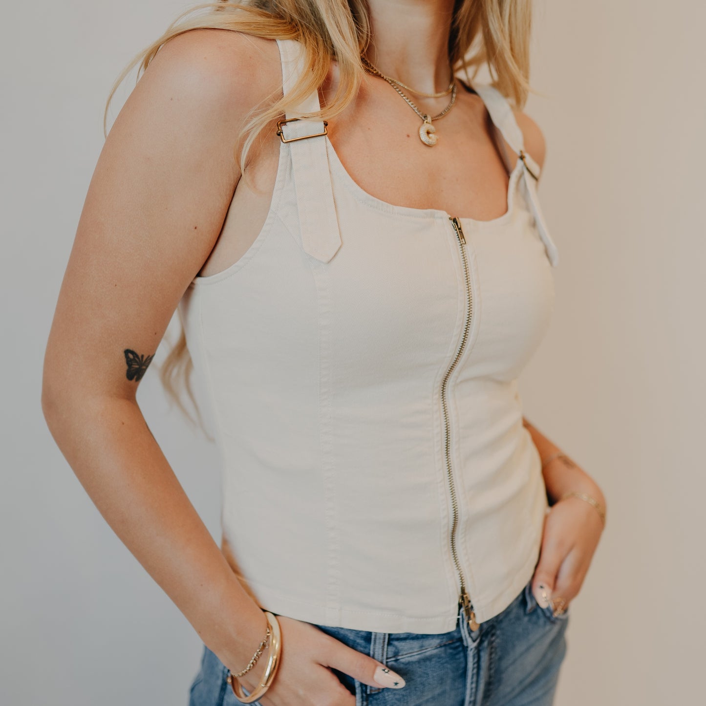 Doe & Rae | Adjustable Buckle Strap Top | Ecru