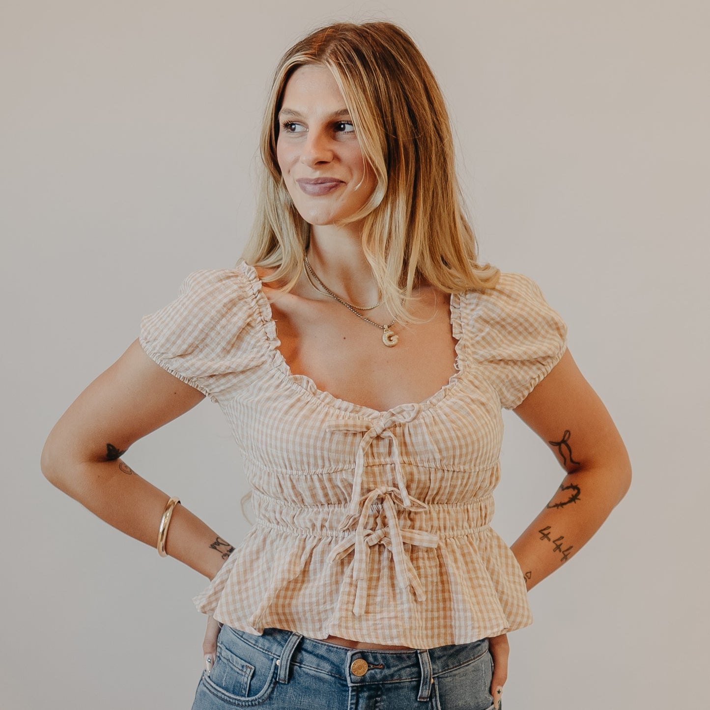 Blu Pepper | Gingham Bow Detail Shirred Top | Lt Khaki