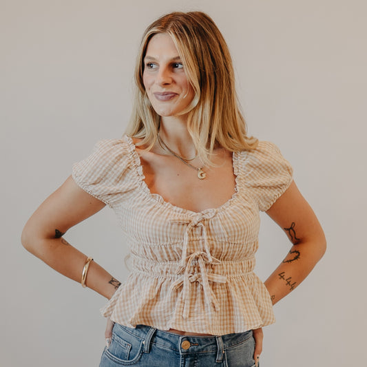 Blu Pepper | Gingham Bow Detail Shirred Top | Lt Khaki