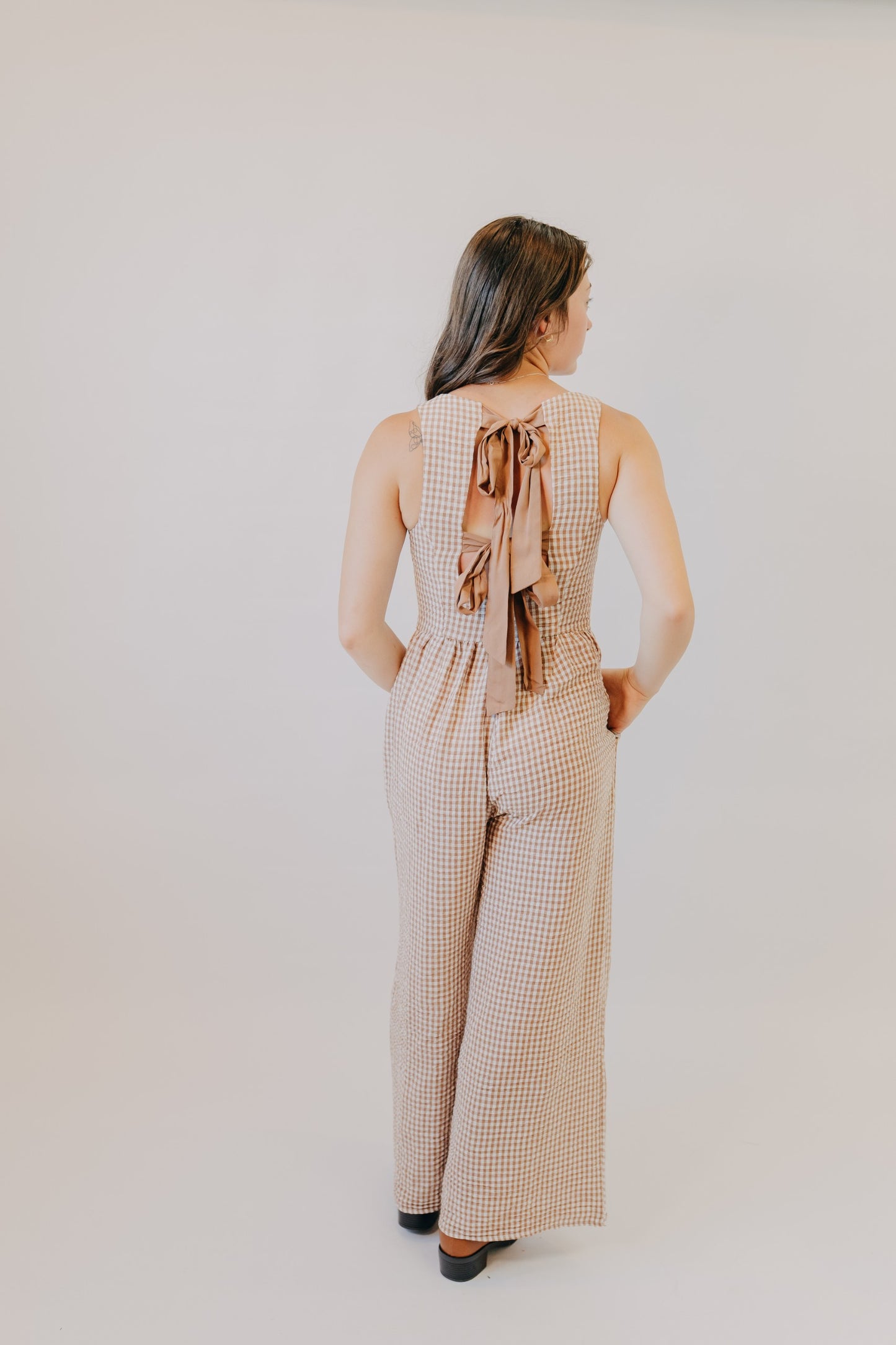 Miou Muse | Gingham Tie In Back Jumpsuit | Brown