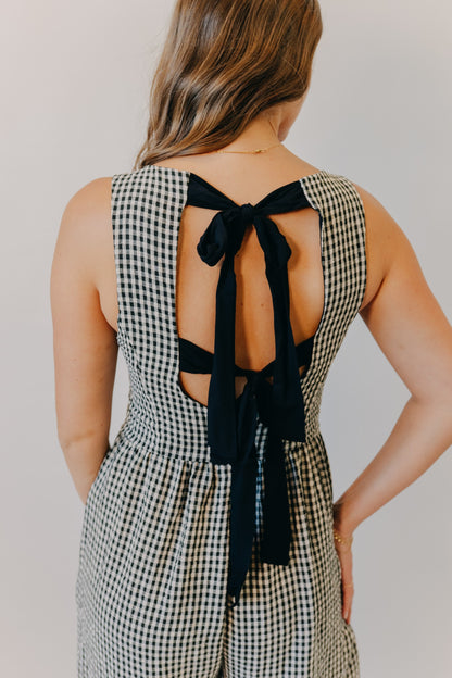Miou Muse | Gingham Tie in Back Jumpsuit | Black
