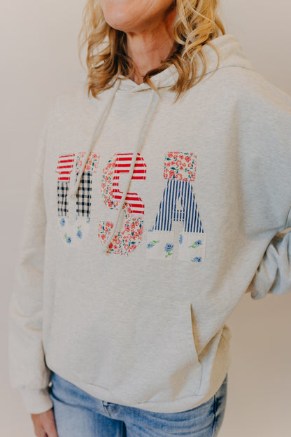 Miou Muse | USA Floral Patchwork Hoodie | Melange Grey