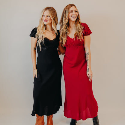 Blu Pepper | Puff Sleeve Lace Trim Midi Dress | Red