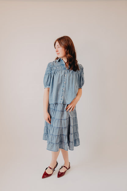 Doe & Rae | Tencel Chambray Midi Skirt | Med Denim