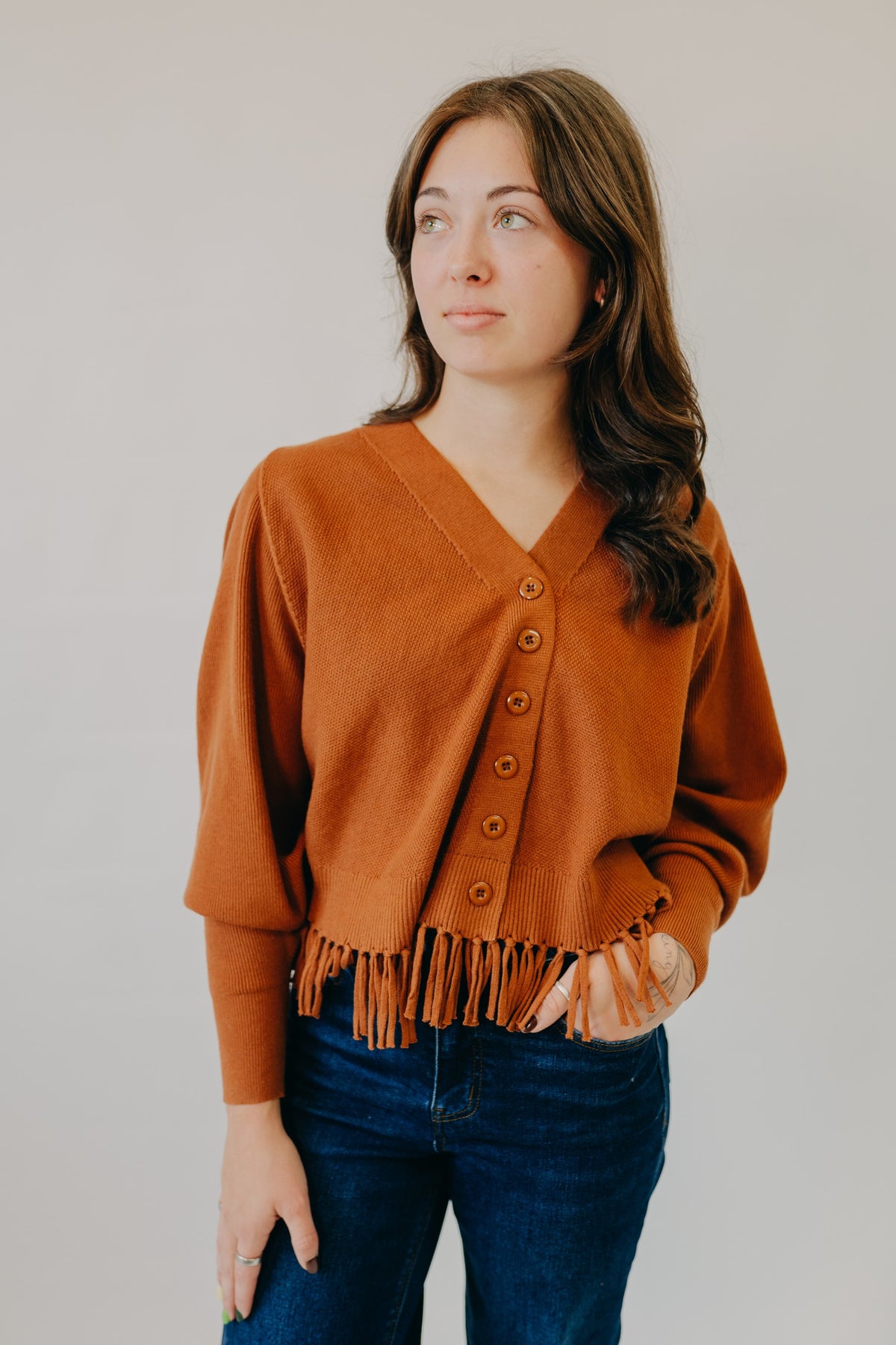 Staccato | Fringe Hem Button Down Cardigan | Dark Camel