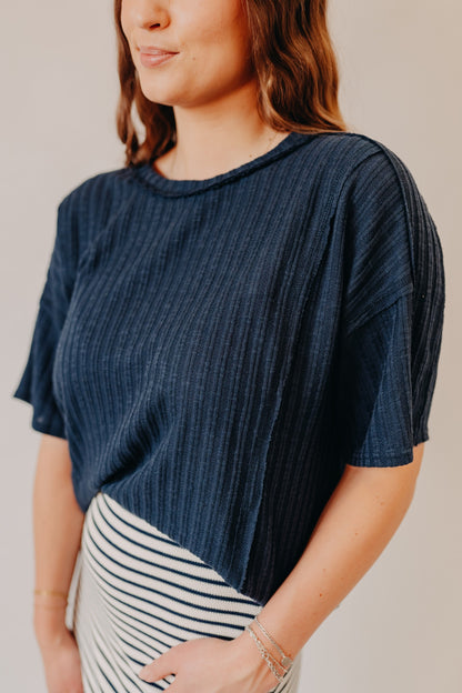 Blu Pepper | Ribbed Star Patch Boxy Knit Top | Navy