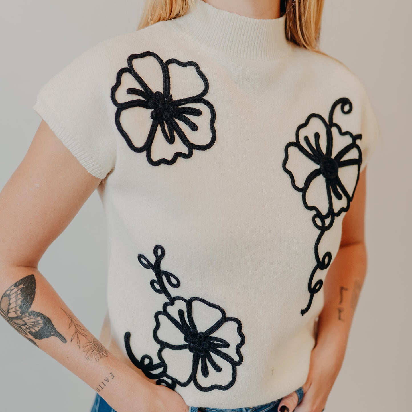 Blu Pepper | Floral Trim Sweater | Cream
