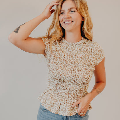 Doe & Rae | Leopard Smocked Bodice Cap Sleeve Top | Tan