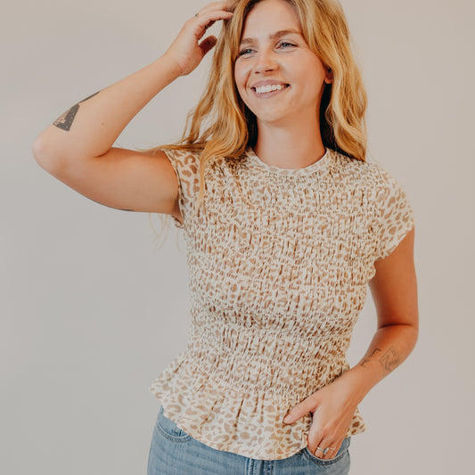 Doe & Rae | Leopard Smocked Bodice Cap Sleeve Top | Tan