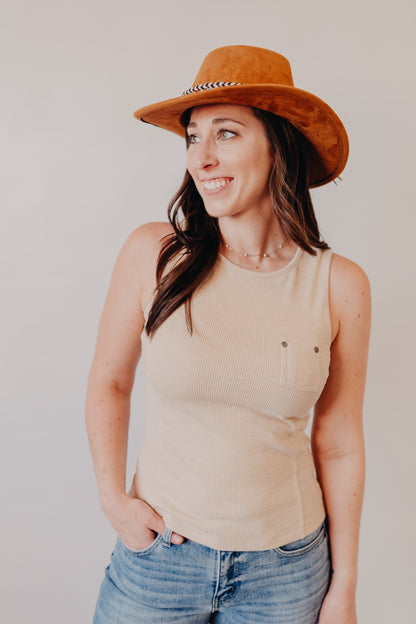 Doe & Rae | Striped Knit Puff Sleeve Top | Lt Tan