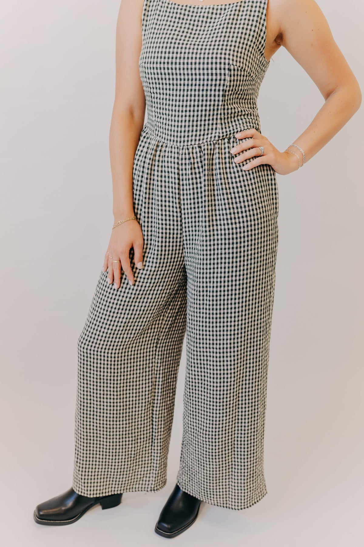 Miou Muse | Gingham Tie in Back Jumpsuit | Black