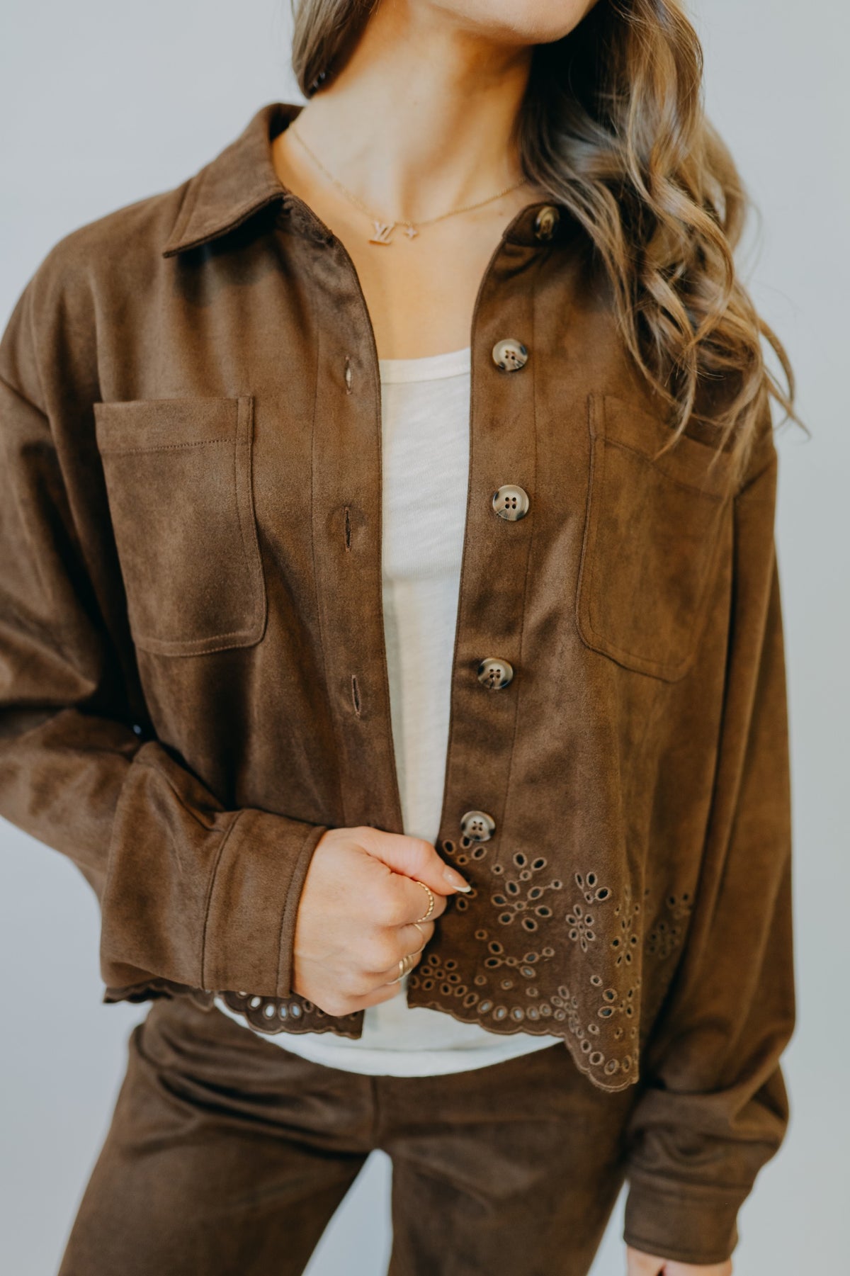 Hem & Thread | Faux Suede Embroidered Hem Jacket | Chocolate