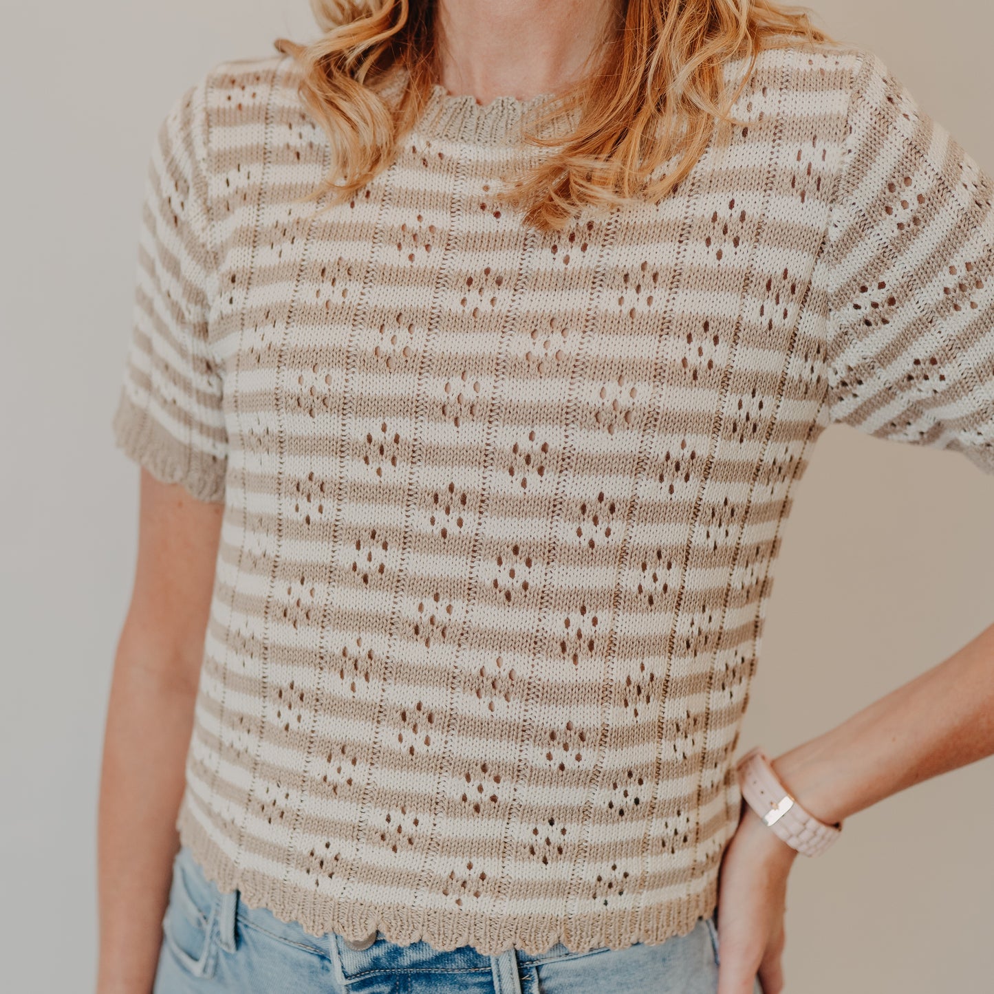 Doe & Rae | Scallop Edge Striped Top | Beige Ivory