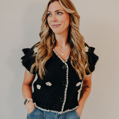 Blu Pepper | Crochet Floral Ruffled Cardigan | Black