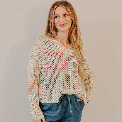 Doe & Rae | Split V-Neck Sweater | Cream