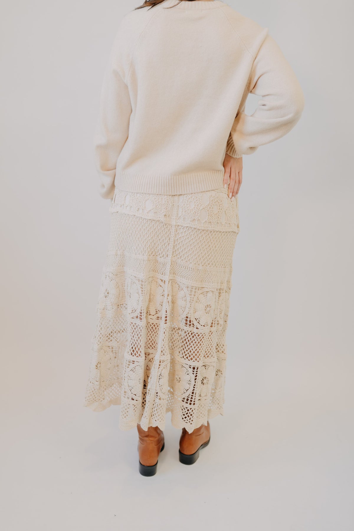 Doe & Rae | Crochet Floral Midi Skirt | Cream