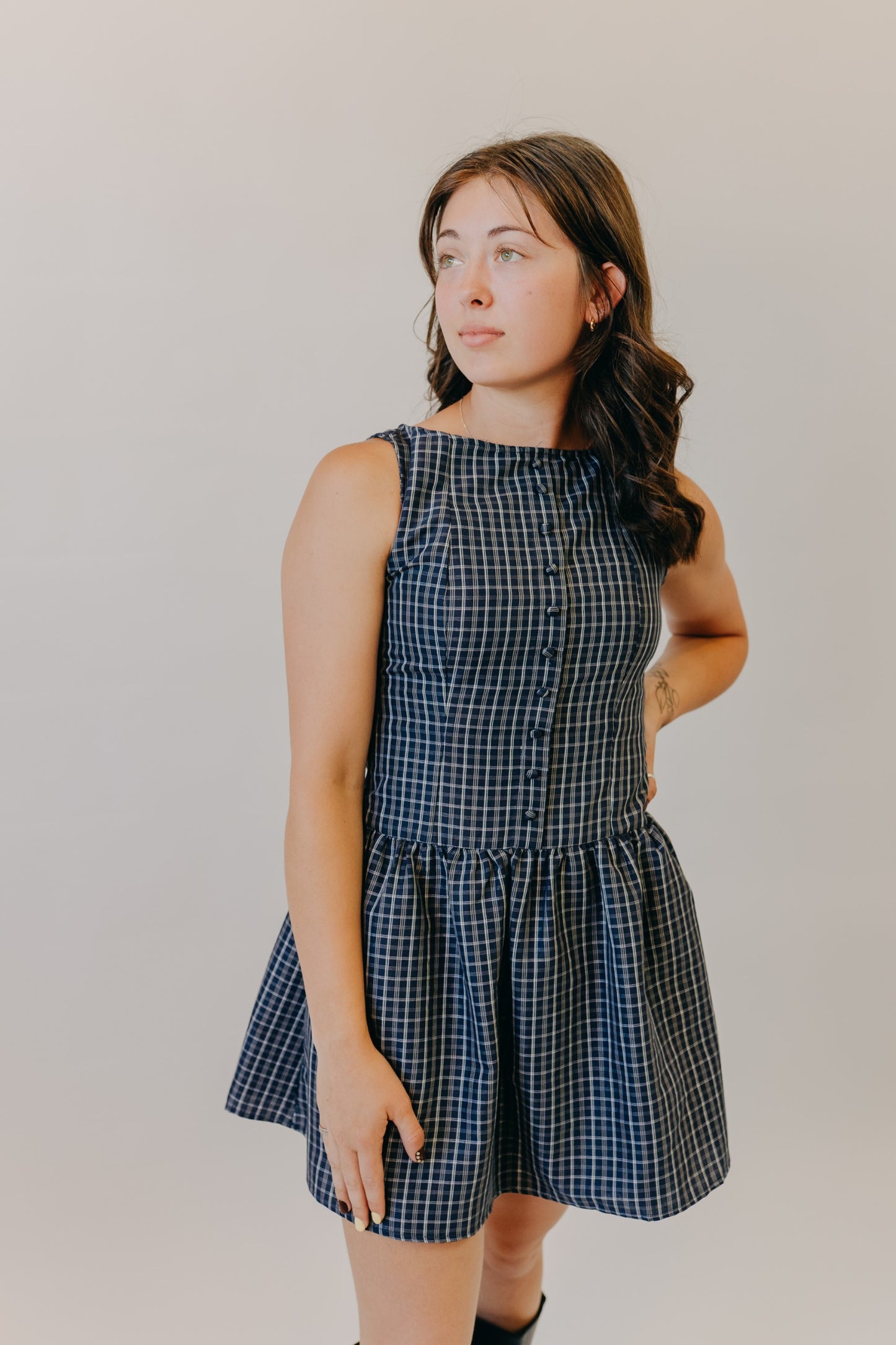 Blu Pepper | Plaid Boat Neck Mini Dress | Navy Multi