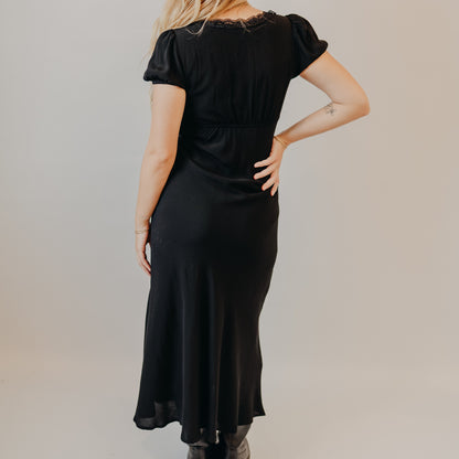 Blu Pepper | Puff Sleeve Lace Trim Midi Dress | Black