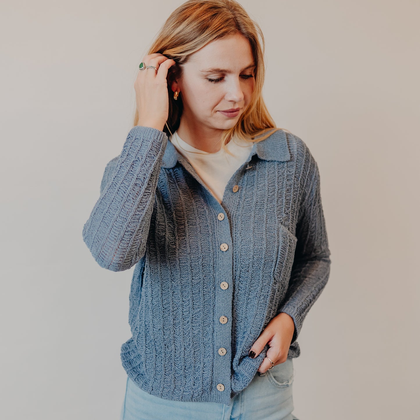 Be Cool | Textured Button Up Cardigan | Slate Blue