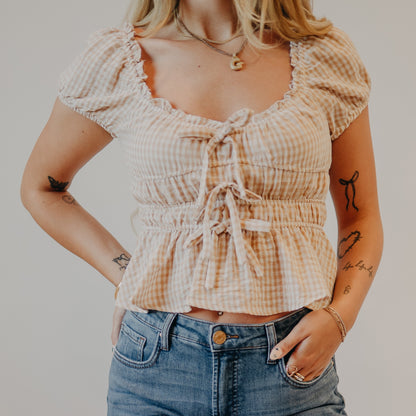 Blu Pepper | Gingham Bow Detail Shirred Top | Lt Khaki
