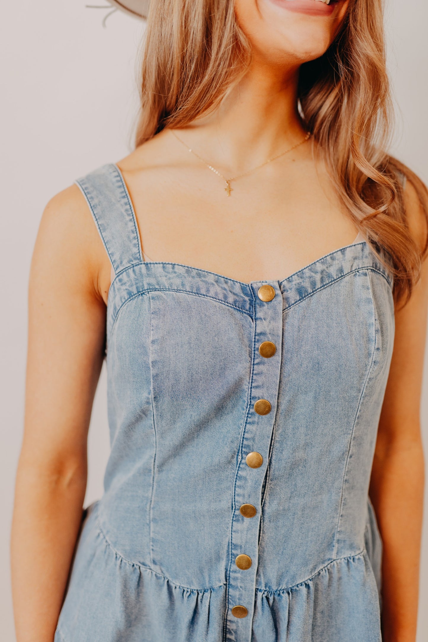 Doe & Rae | Denim Tiered Flare Romper | Dk Denim