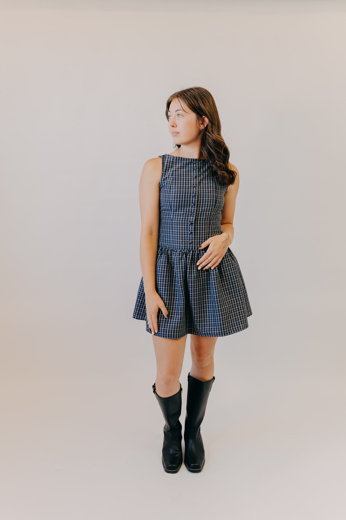 Blu Pepper | Plaid Boat Neck Mini Dress | Navy Multi