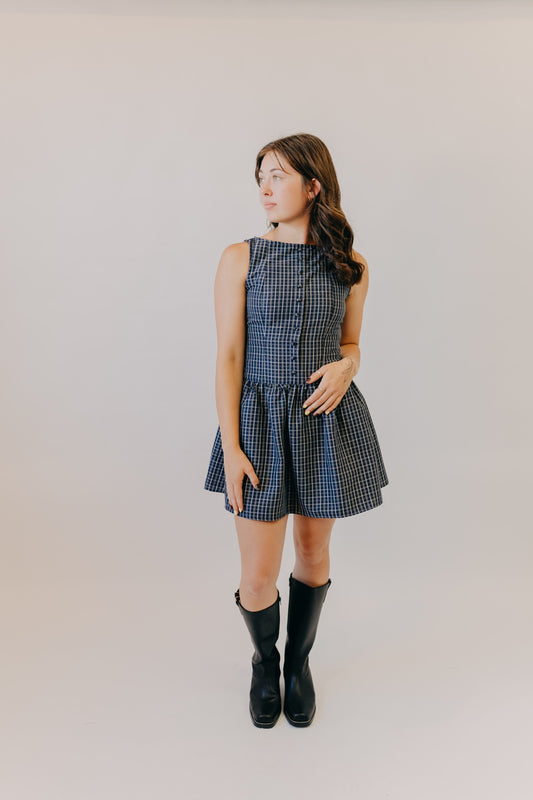 Blu Pepper | Plaid Boat Neck Mini Dress | Navy Multi