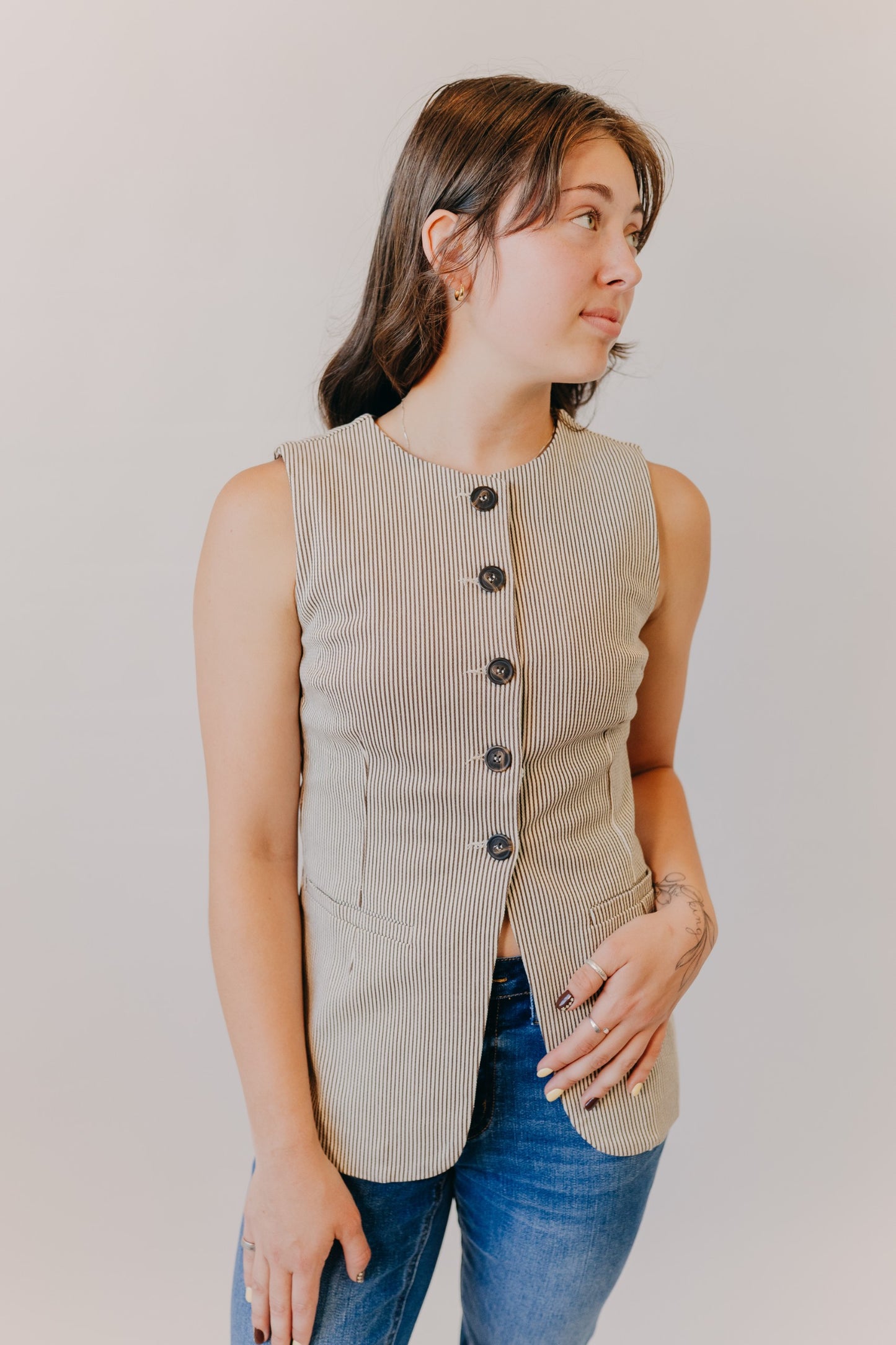 Blu Pepper | Pinstripe Denim Vest | Brown