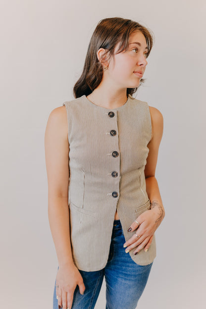 Blu Pepper | Pinstripe Denim Vest | Brown