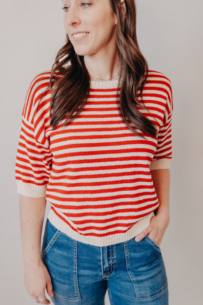 Blu Pepper | Striped Contrast Trim Knit Sweater | Red