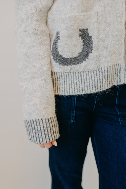 Blu Pepper | Western Jacquard Collared Cardigan | Heather Grey