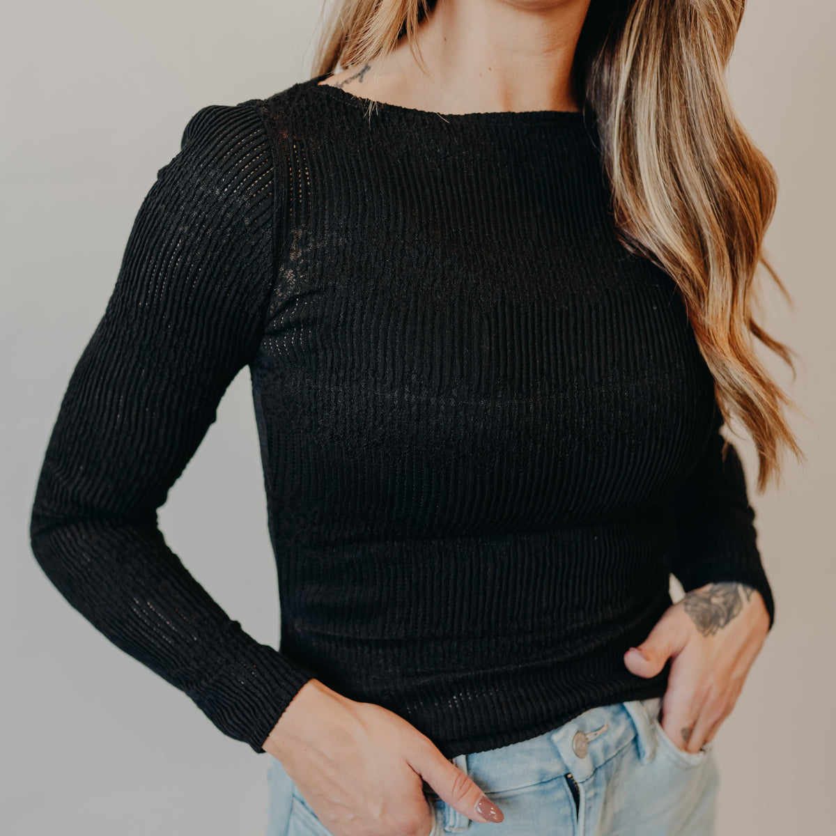 Blu Pepper | Boat Neck Crochet Top | Black