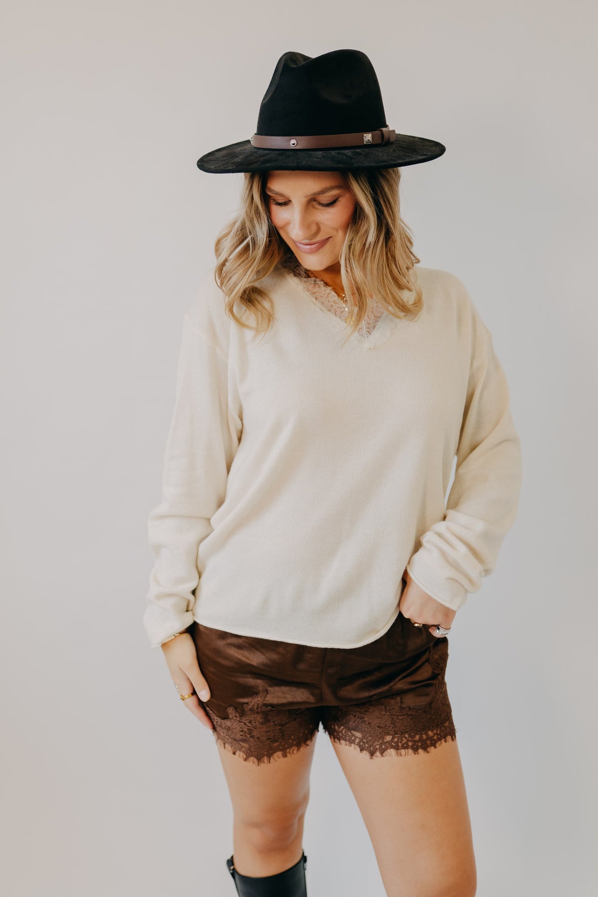 Miou Muse | Long Sleeve Lace Contrast Knit Top | Cream