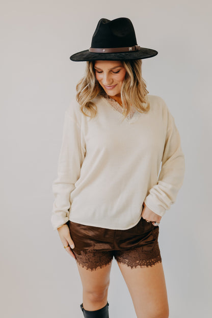 Miou Muse | Long Sleeve Lace Contrast Knit Top | Cream