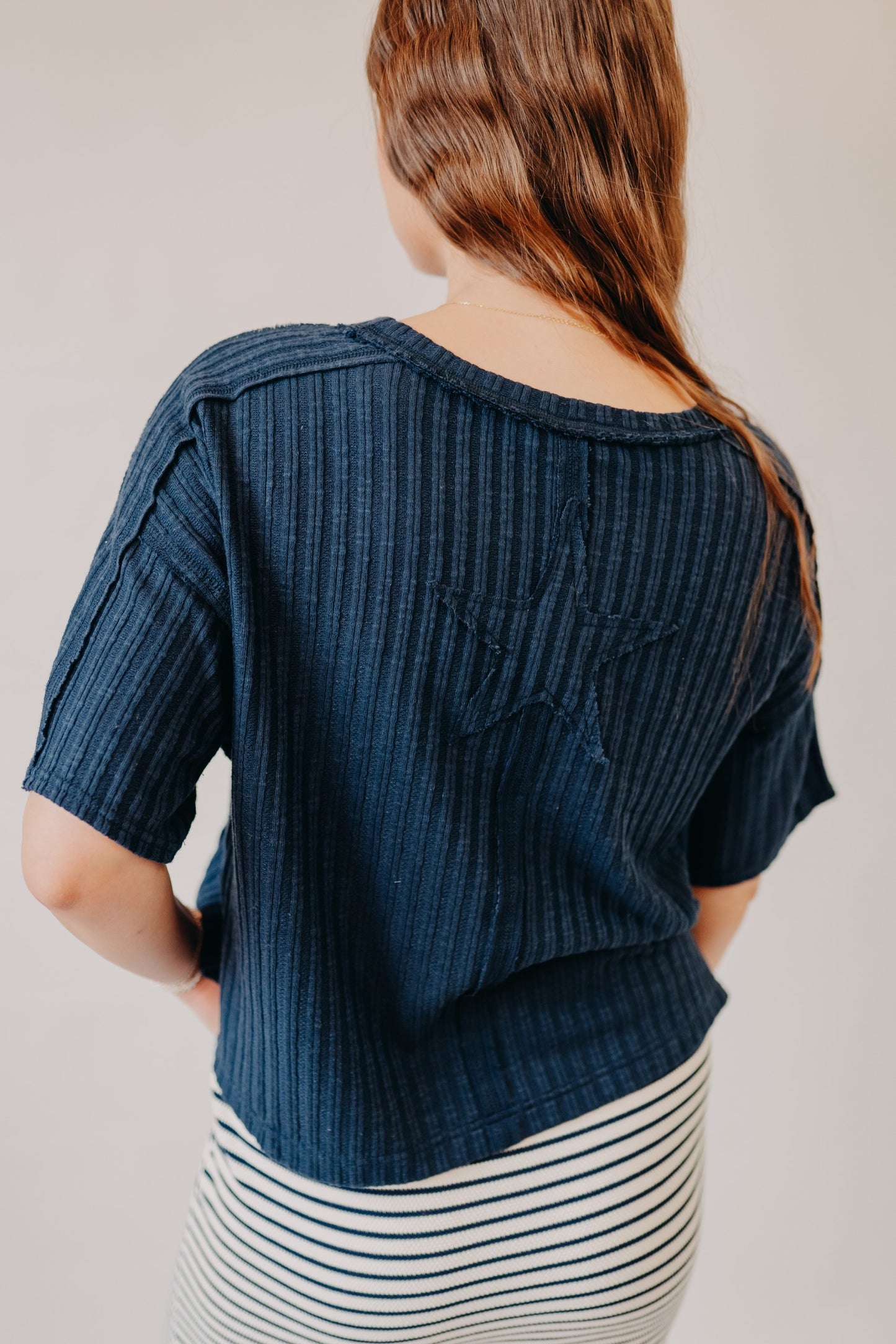Blu Pepper | Ribbed Star Patch Boxy Knit Top | Navy