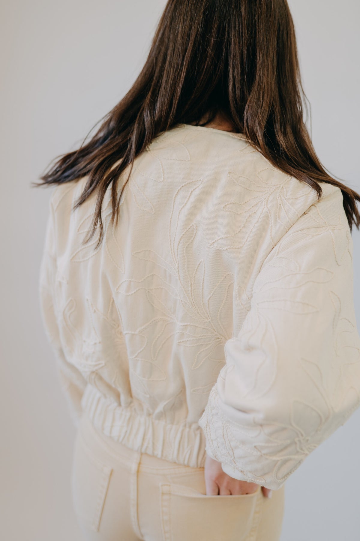 Miou Muse | Floral Jacquard Zip Up Jacket | Ecru