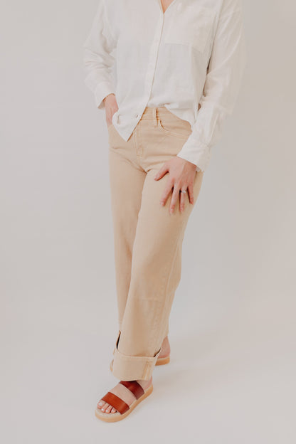 Vervet | Mid Rise Cuffed Crop Wide Leg | Sun Beige