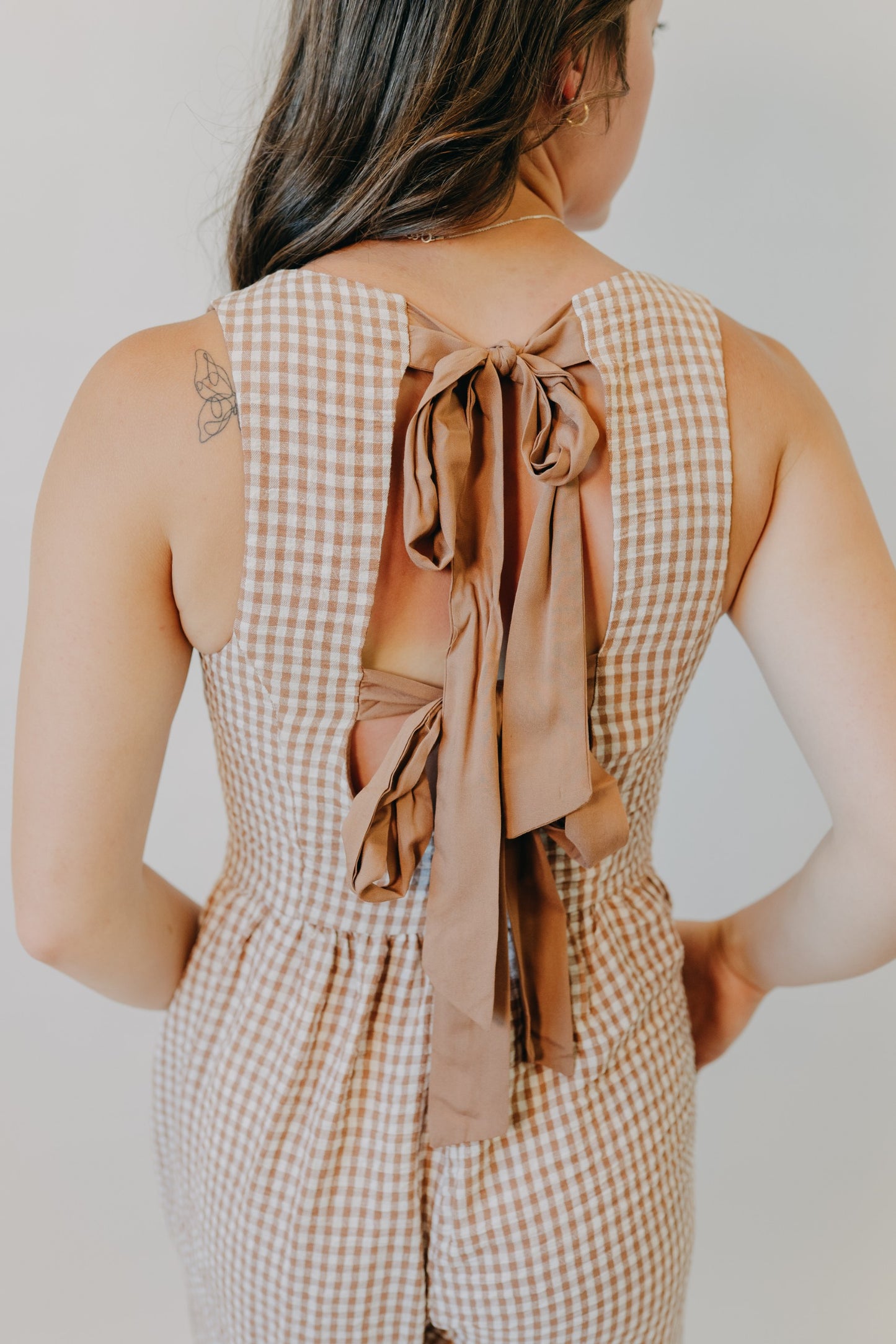 Miou Muse | Gingham Tie In Back Jumpsuit | Brown