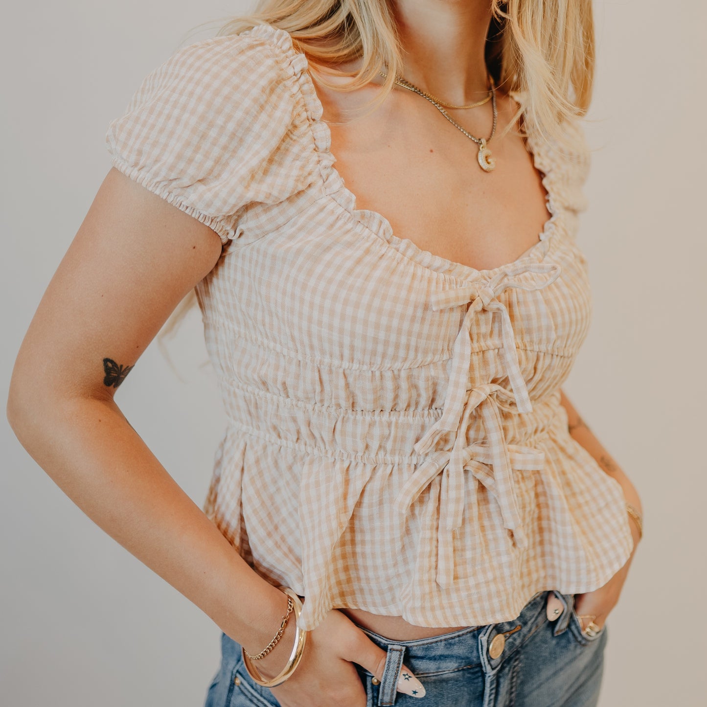 Blu Pepper | Gingham Bow Detail Shirred Top | Lt Khaki