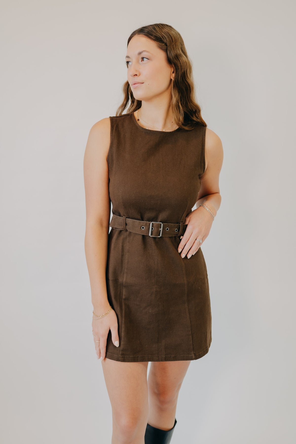 Blu Pepper | Belted Sleeveless Midi Dress | Brown