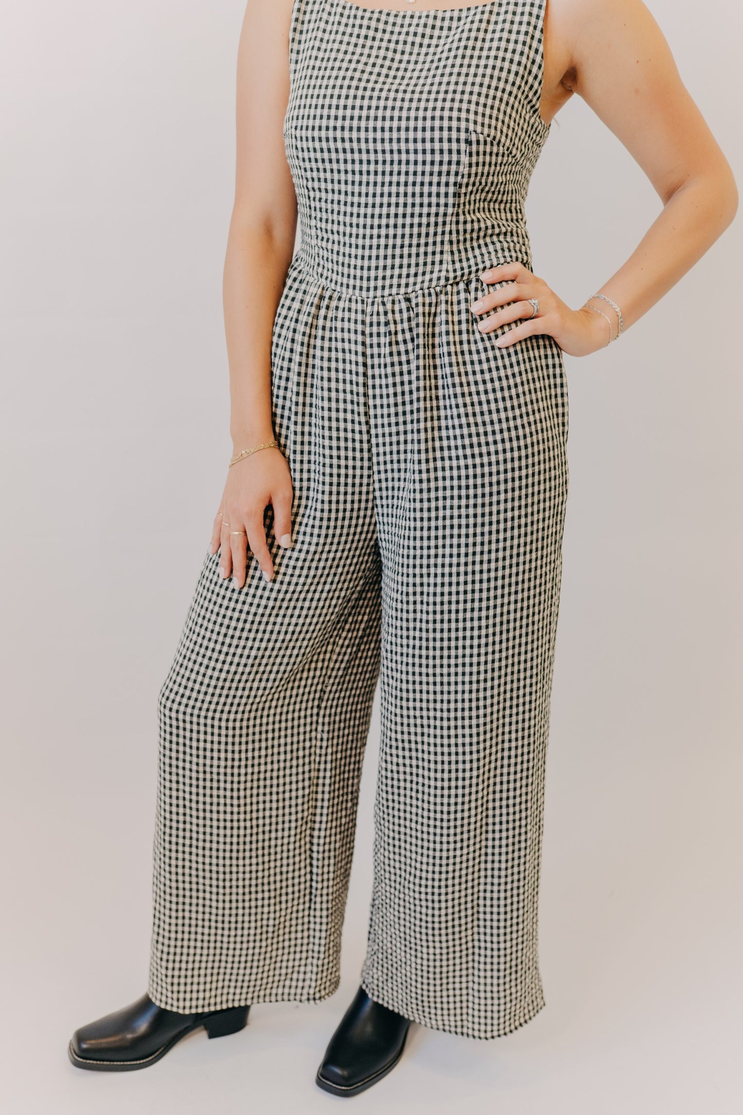 Miou Muse | Gingham Tie in Back Jumpsuit | Black