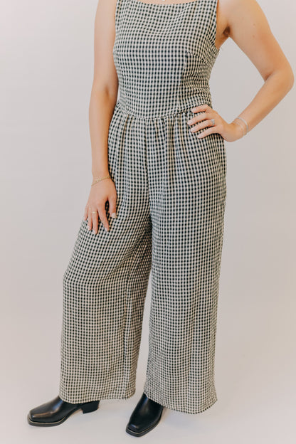 Miou Muse | Gingham Tie in Back Jumpsuit | Black