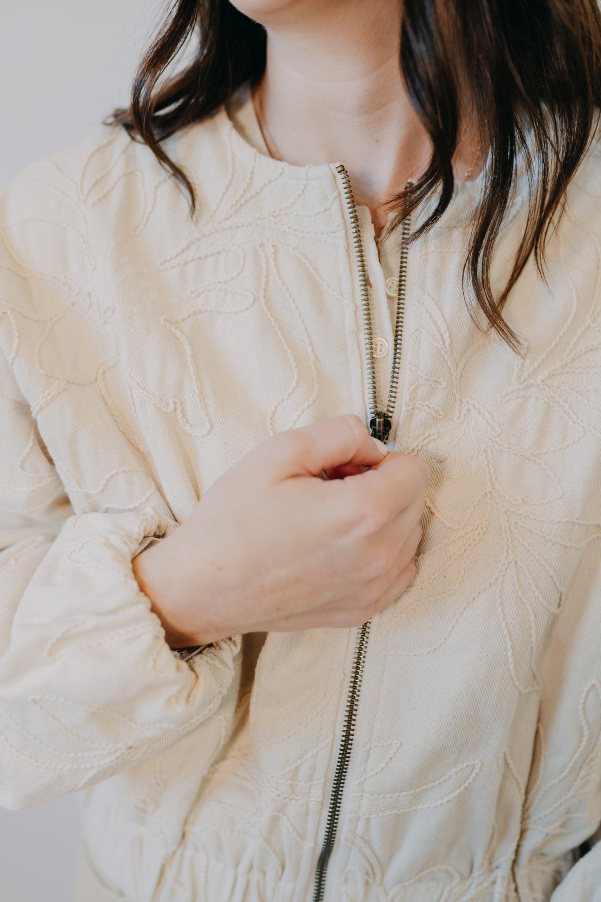 Miou Muse | Floral Jacquard Zip Up Jacket | Ecru