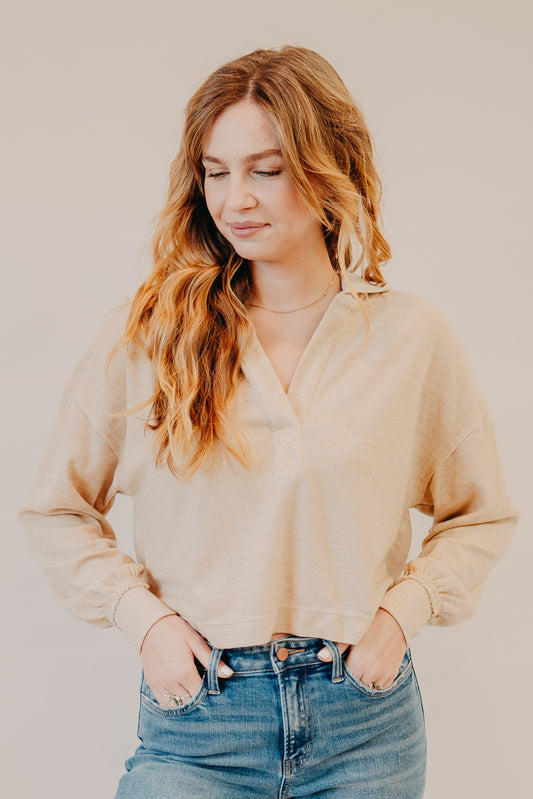 Blu Pepper | Hooded Split Neck Top | Taupe