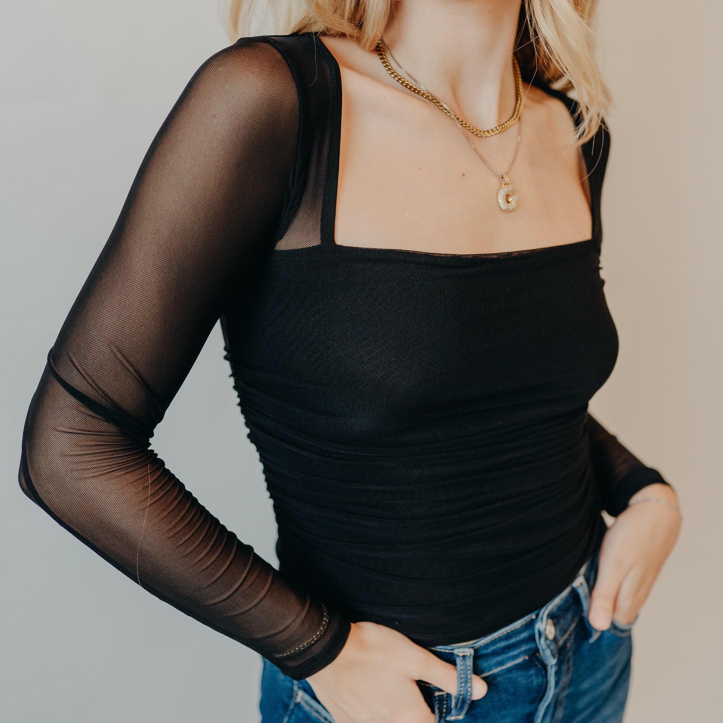 Blu Pepper | Ruched Waist Square Neck Top | Black